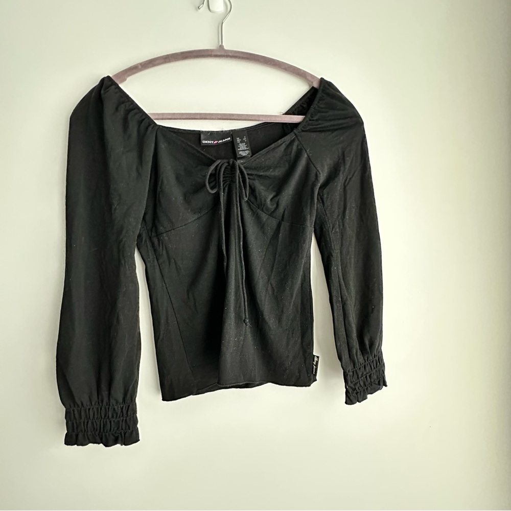 DKNY Black Blouse with Tie Front and 3/4 Sleeves